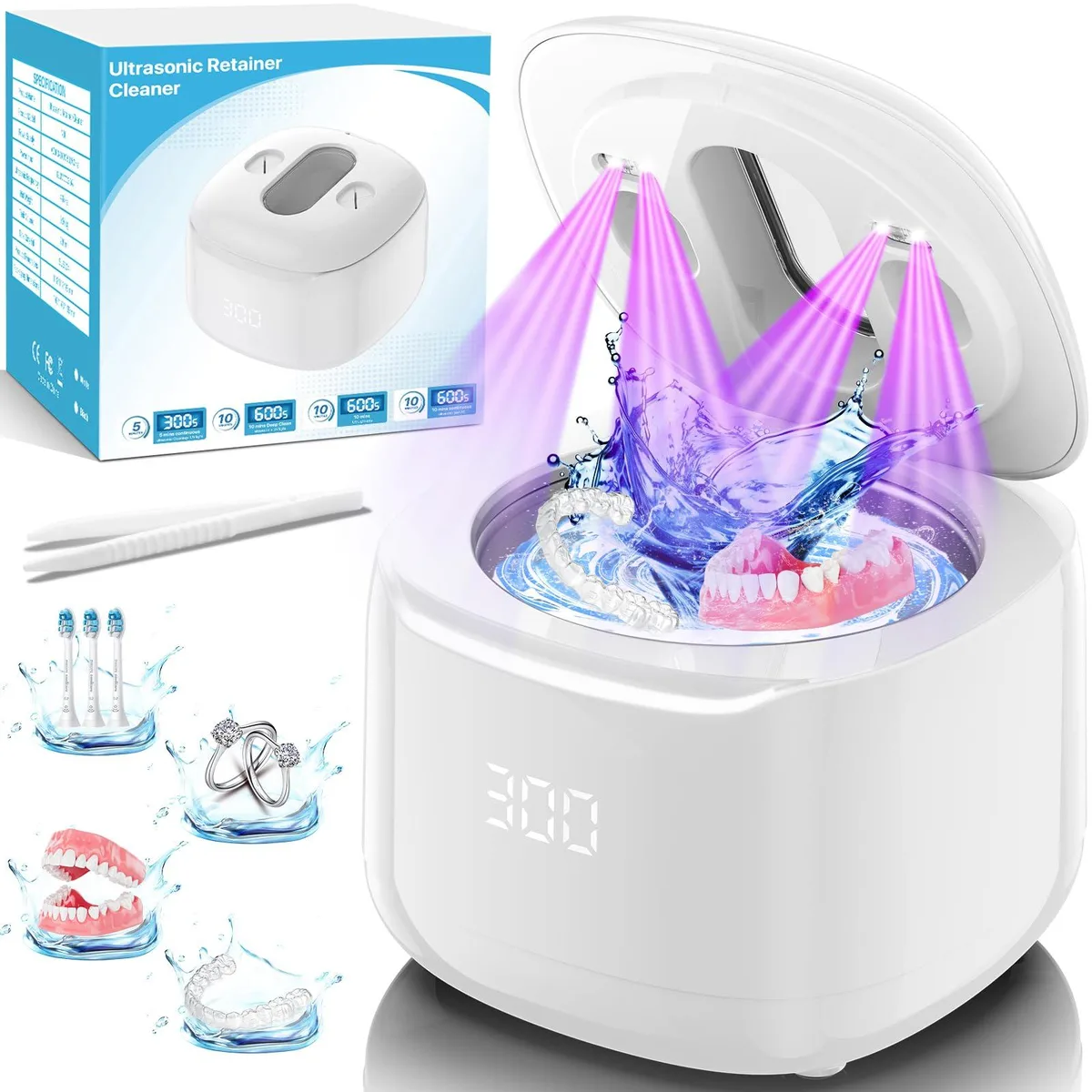 White rectangular ultrasonic cleaner with lid closed, digital display and control panel visible, compact countertop form