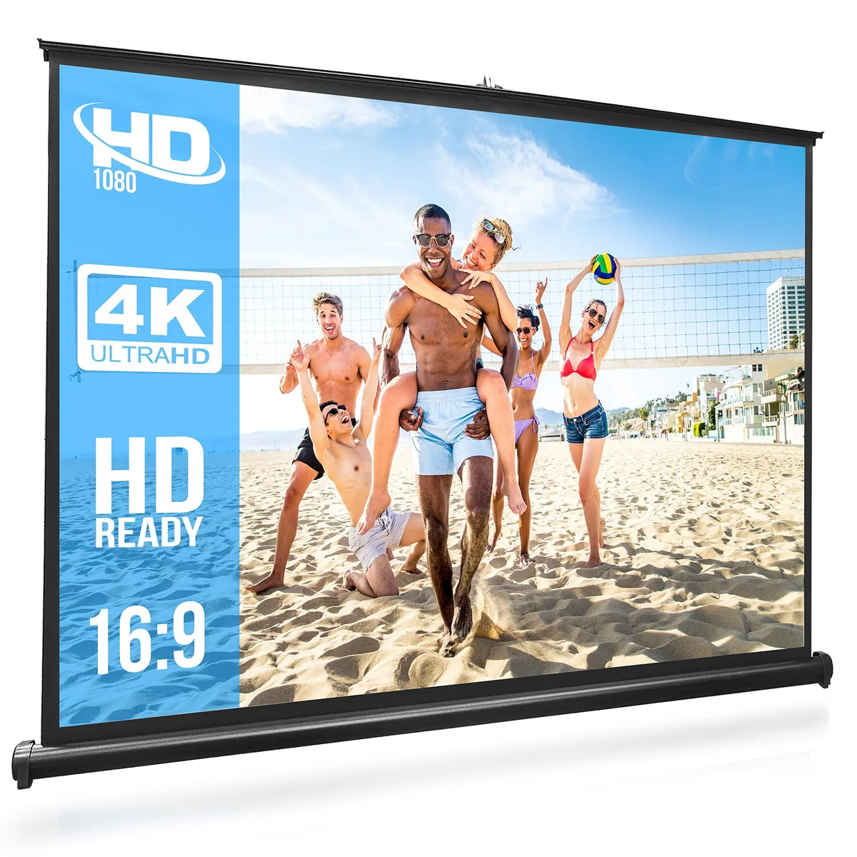 White 50-inch canvas screen on a fold-out tripod stand, 40 by 30 inch viewing area