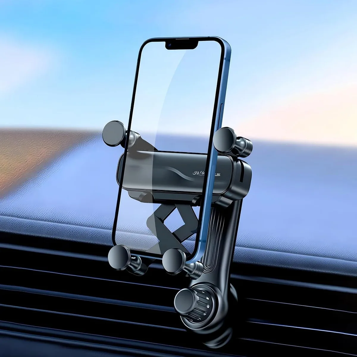Black gravity car vent phone mount with rotatable swing arm and extension clip 360° swivel