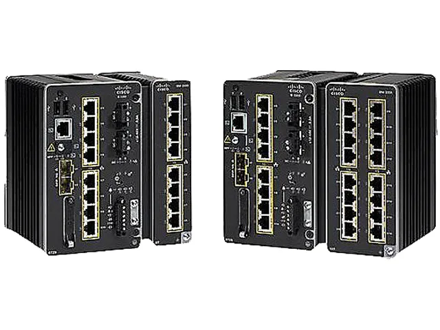 Rugged Cisco IE-3300 switch, DIN-rail mountable, matte metal finish