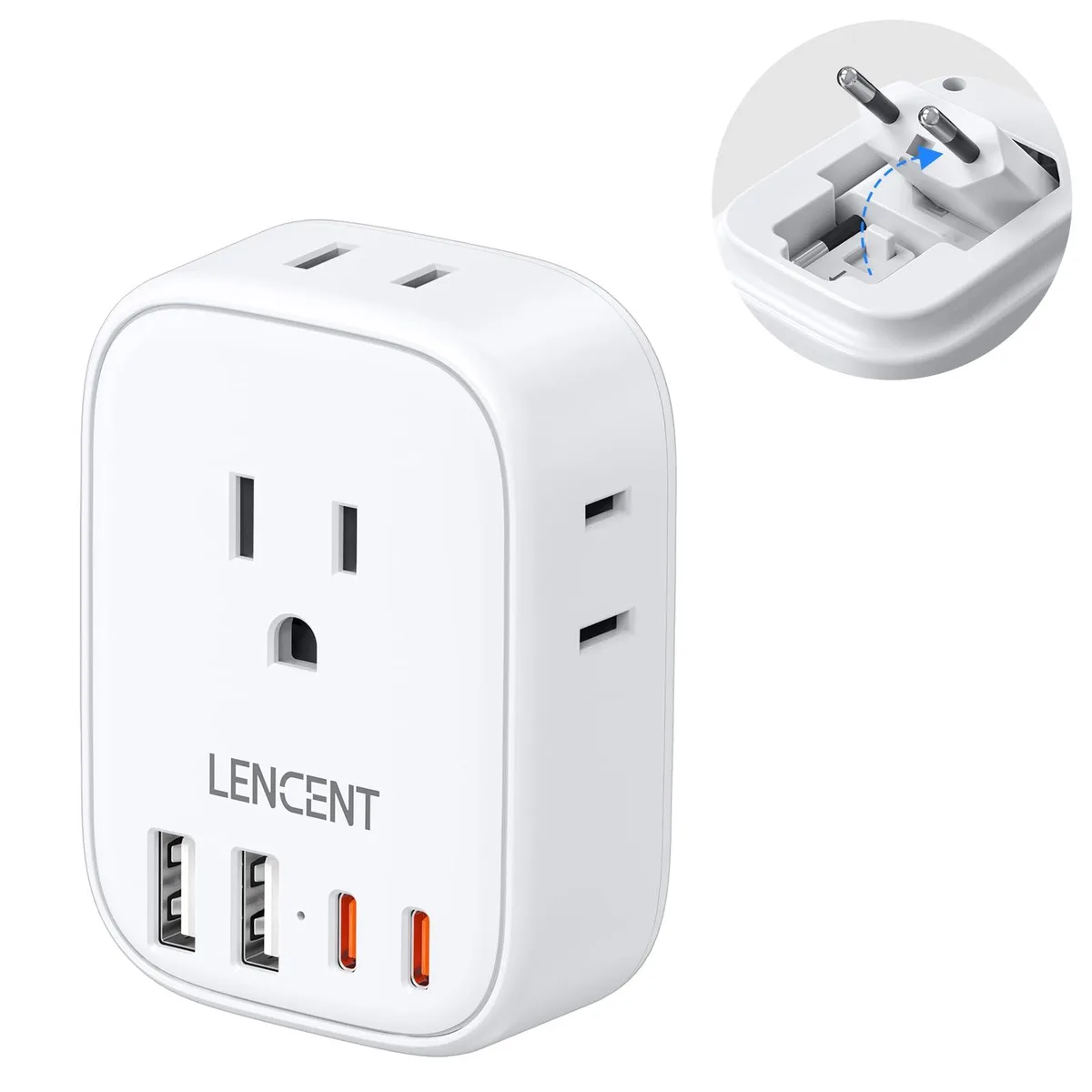 White rectangular travel adapter with foldable Type C plug, four AC sockets and four USB ports