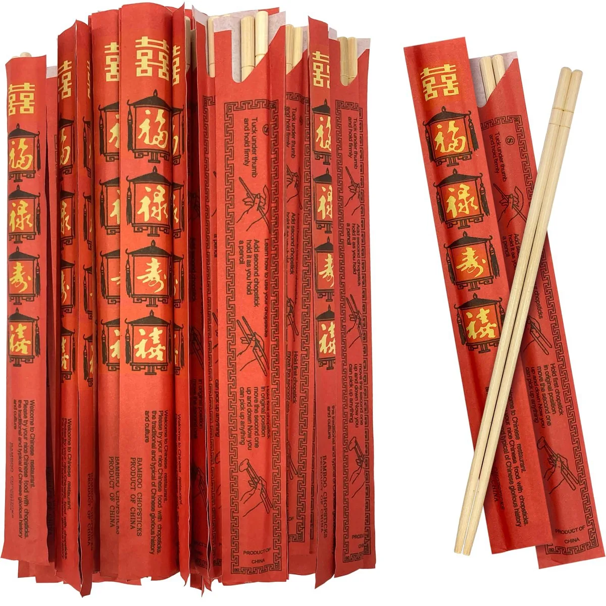 Bundle of 100 individually wrapped bamboo chopsticks 9 inches long