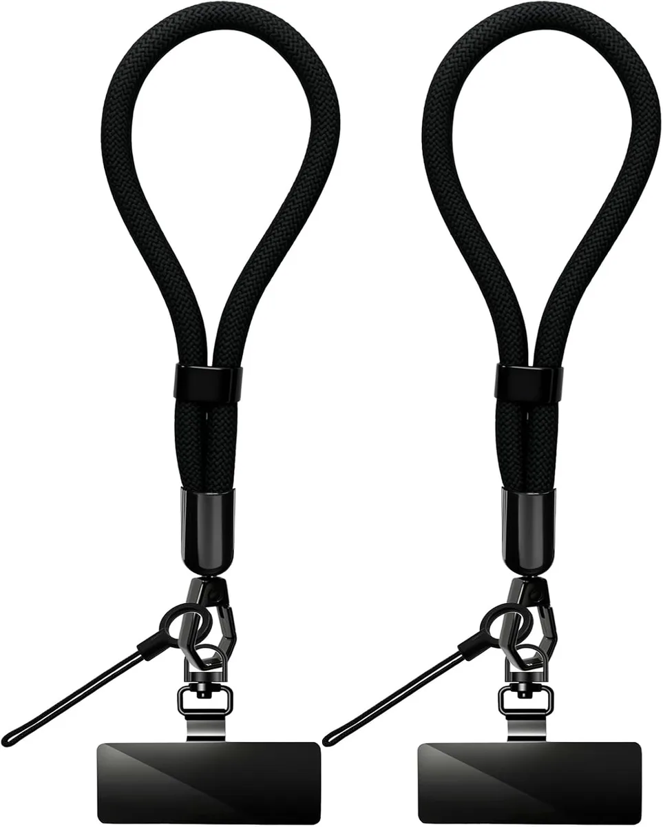 Two adjustable polyester phone lanyards with tether tabs and metal rings