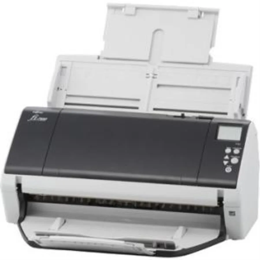 Rectangular sheet-fed scanner, dark grey plastic, ADF tray extended, USB 3.0 port visible