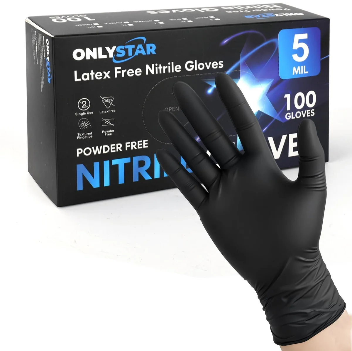 Black disposable nitrile gloves with textured fingertips