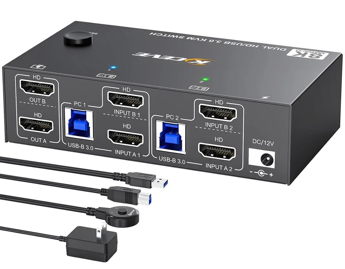 BFKK BFKK 8K HDMI KVM Switch 2 Monitors 2 Computers 8K@60Hz 4K@144Hz USB 3.0 Wired Remote — product photo