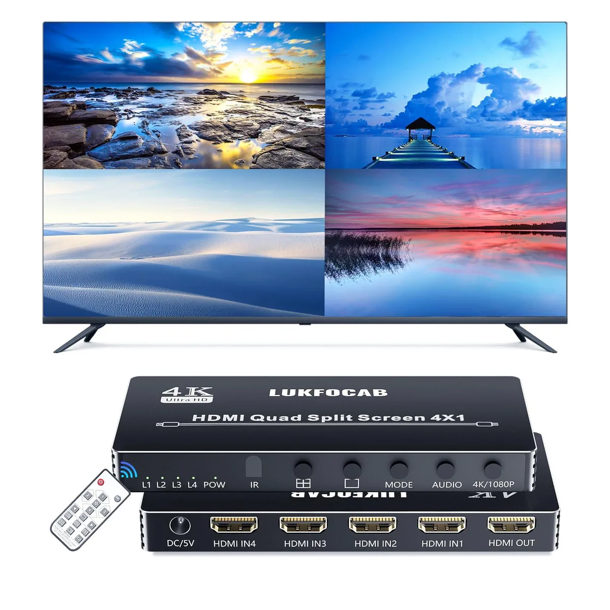 Small black box with four HDMI inputs and one output, IR remote included