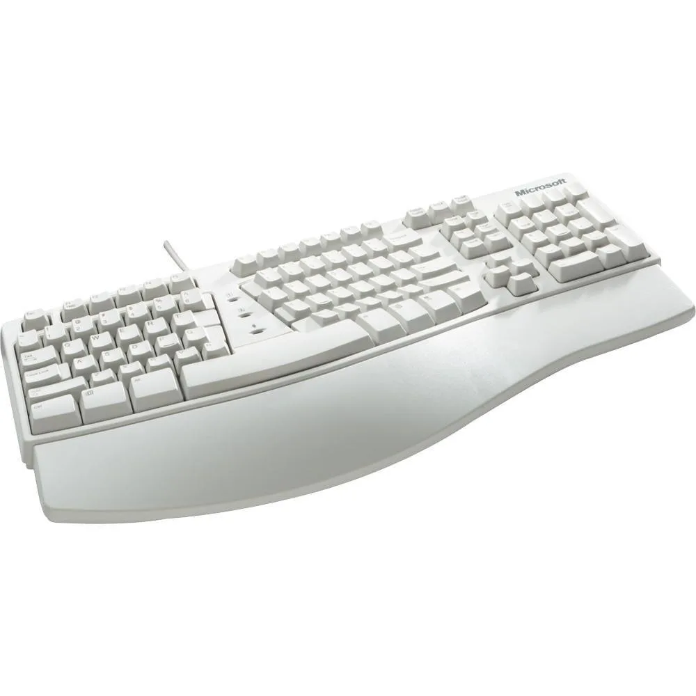 White ergonomic split keyboard with multimedia controls and USB or PS/2 connectors