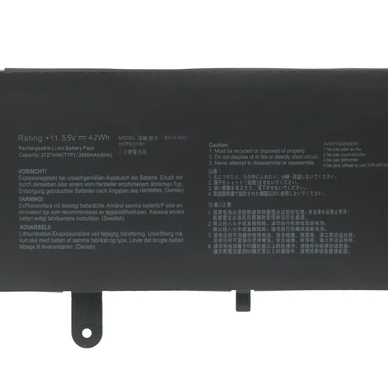 Black rectangular lithium-polymer laptop battery with label showing 42Wh 11.1V