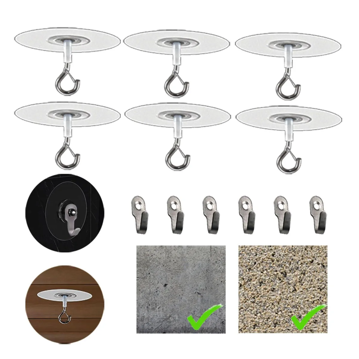 White adhesive ceiling hooks on textured ceiling surface
