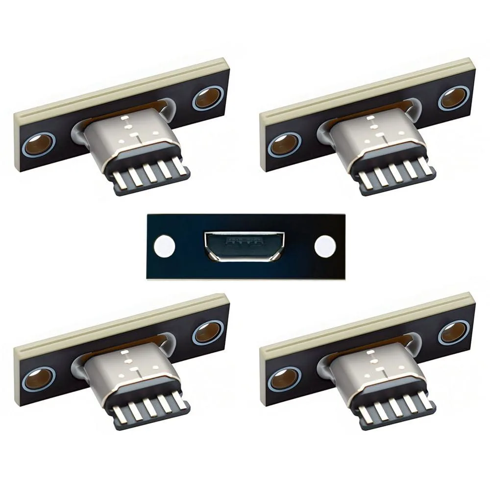 Five micro-USB female panel-mount sockets on small PC boards