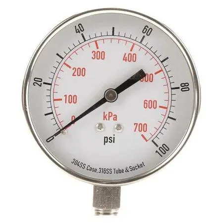 Stainless steel pressure gauge with 3-1/2 inch dial and bottom connection