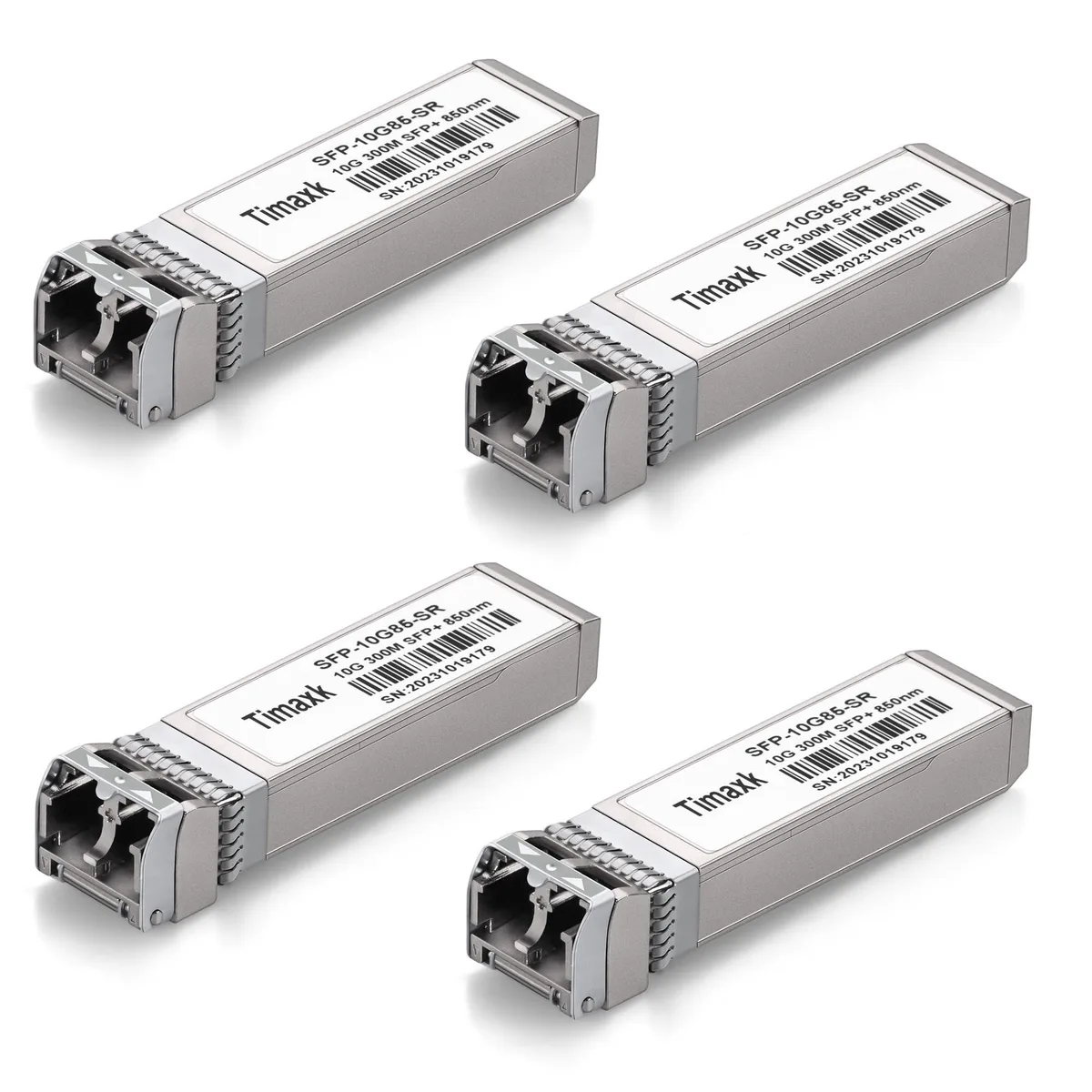 Small metallic SFP+ transceiver module with dual LC ports and a side release latch