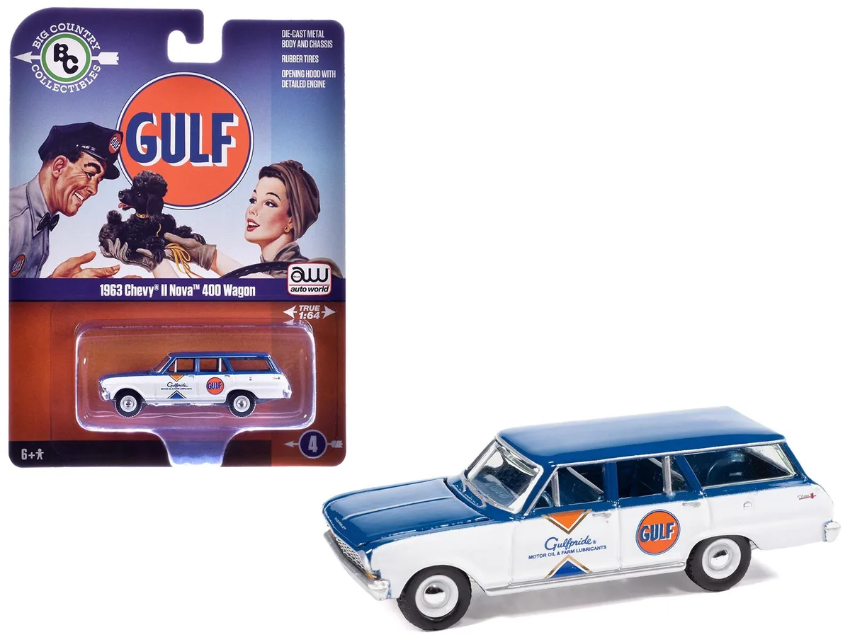 auto world Auto World 1963 Chevrolet II Nova 400 Wagon Gulf Blue White 1/64 Vehicle — product photo