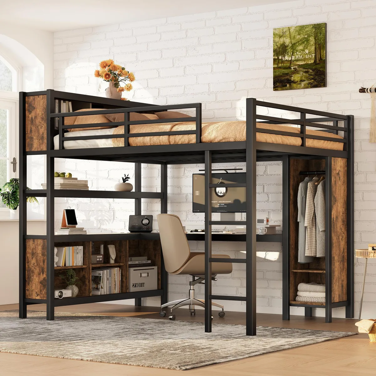 Black woodgrain metal loft bed with L-shaped desk and wardrobe