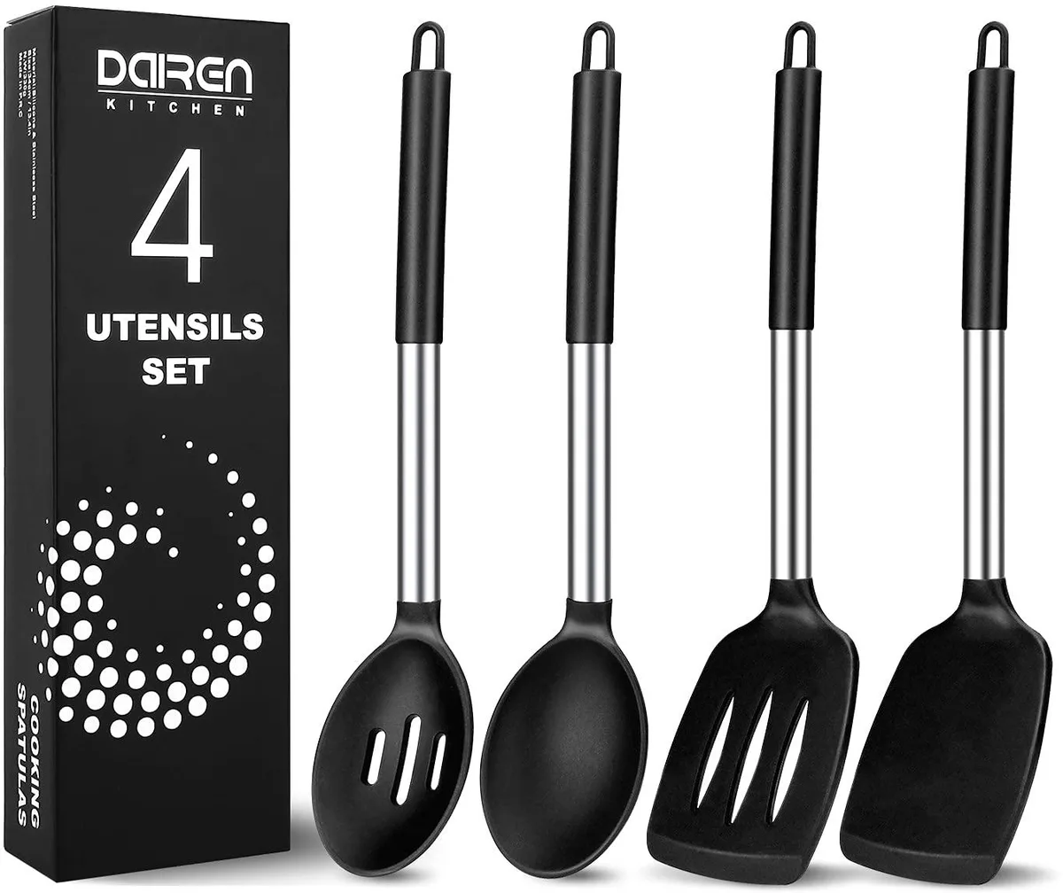Four black silicone cooking utensils with stainless steel handles, slotted and solid spoons and spatulas