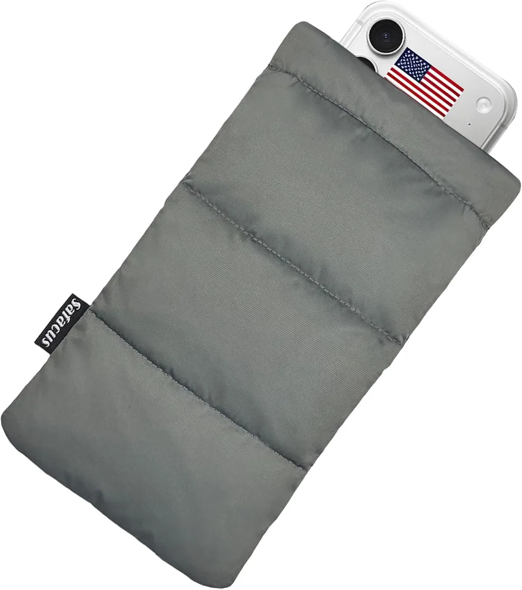Grey soft pouch with quilted insulation, rectangular shape fits most smartphones