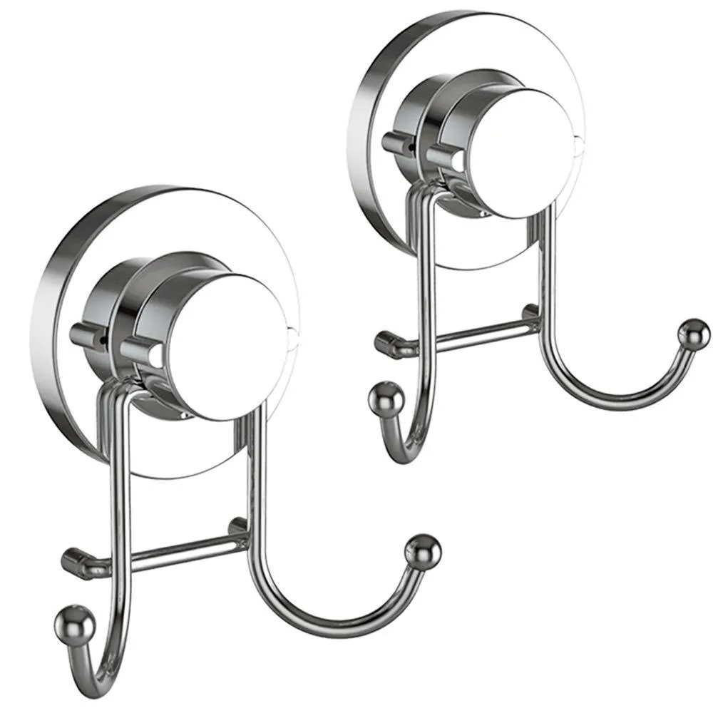 Two chrome-finished stainless steel hooks with black suction bases, twist-lock design, T-shaped for air flow