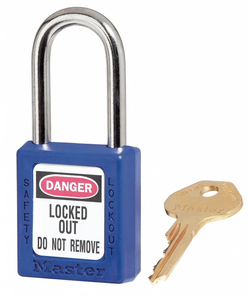 Blue thermoplastic lockout padlock with steel shackle and two keys
