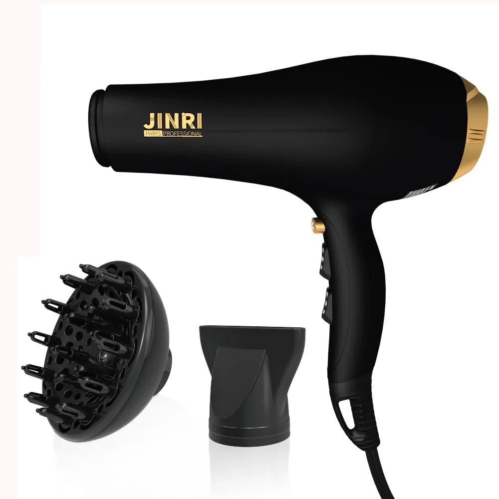 Black JR-907 hair dryer with concentrator and diffuser attachments, non-foldable body and hanging strap