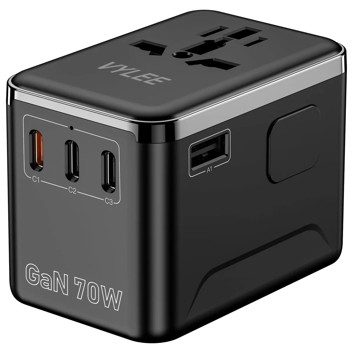 Compact black and grey GaN travel adapter with sliding US, UK, EU, AU plugs, three USB-C ports, one USB-A port