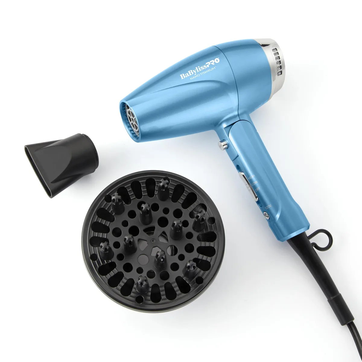 Blue compact folding hair dryer with titanium finish, concentrator nozzle and diffuser