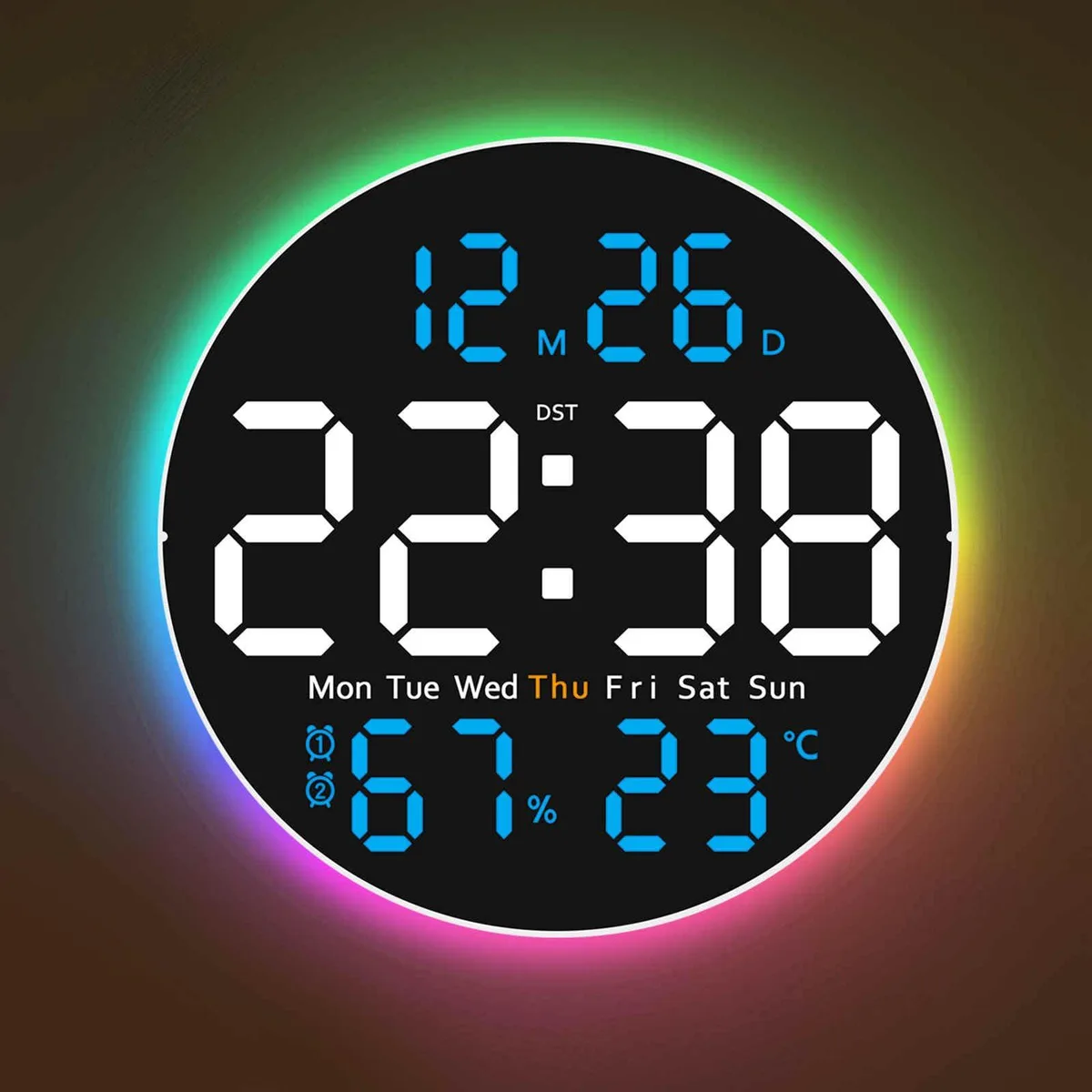 Rectangular blue digital wall clock, 10-inch LED display, slim frame