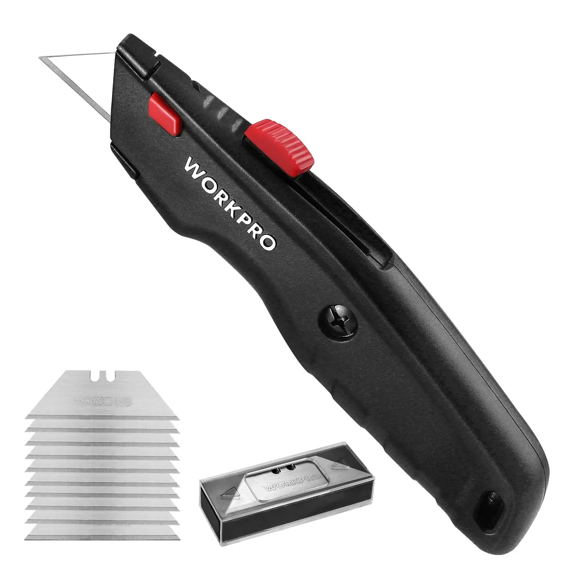 Black aluminium retractable utility knife 6.3" with 10 spare blades