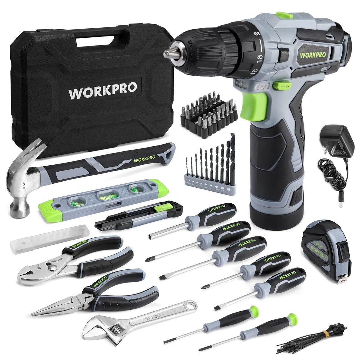 Pink 12V cordless drill driver in grey tool box with 108 pieces