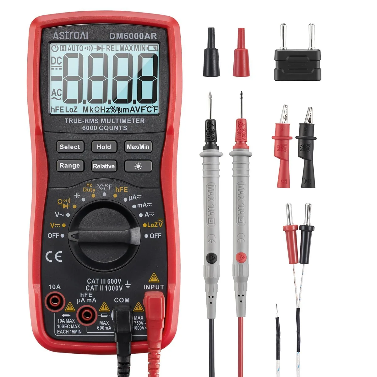 Black rectangular digital multimeter with LCD screen and red test leads