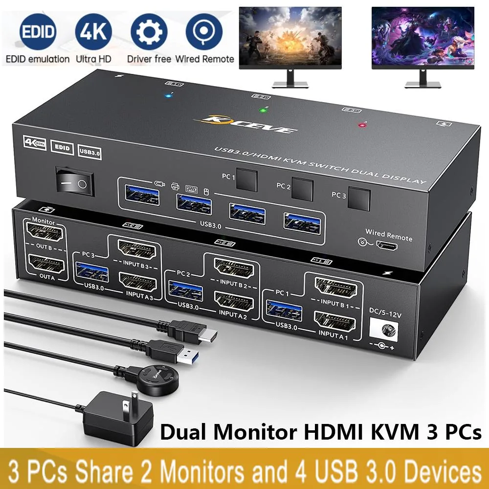IHDAPP IHDAPP HDMI KVM Switch 3 Computers 2 Monitors 4K@60Hz — product photo