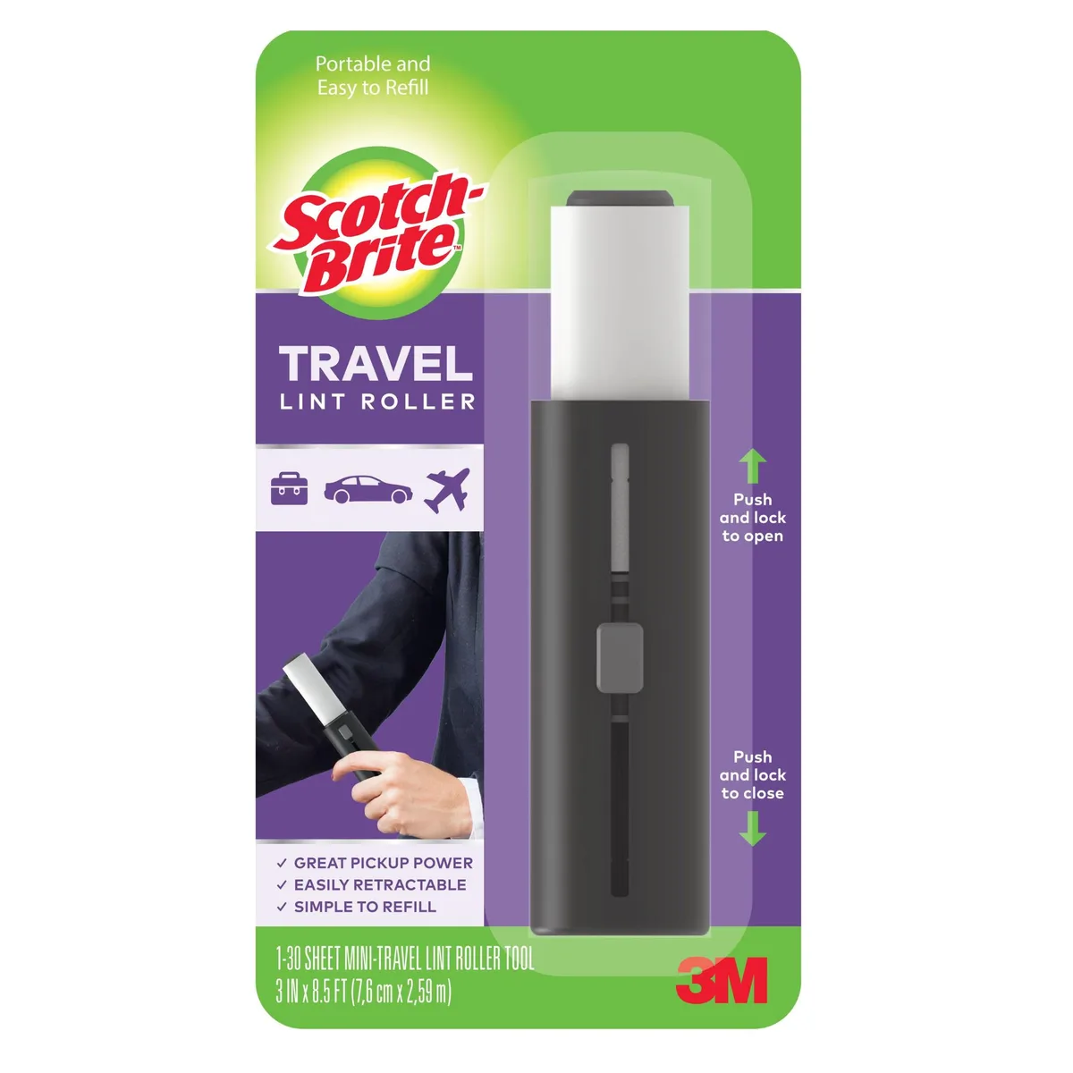 Small retractable lint roller with cover, 3 inch wide adhesive sheets on 8.5 foot roll