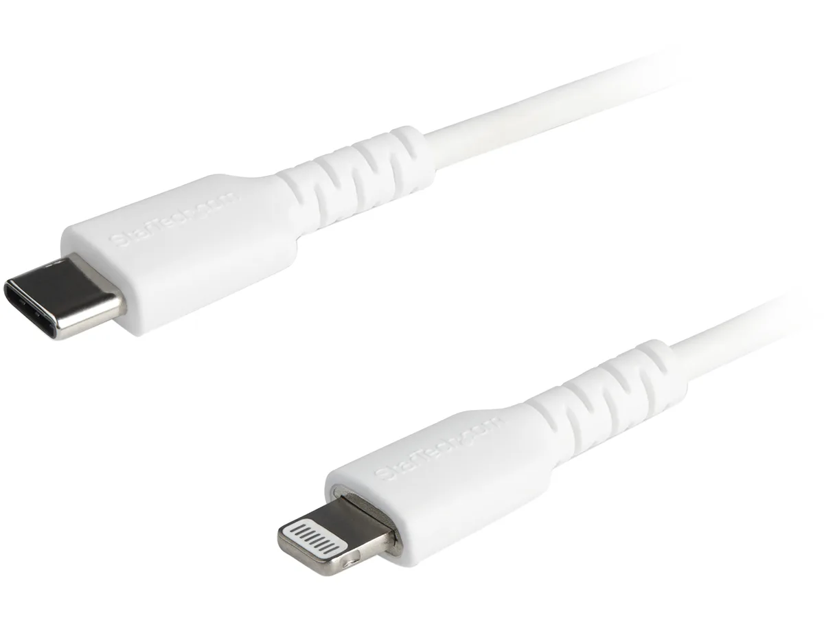 White USB-C to Lightning cable, 1 metre, reinforced strain relief, TPE jacket