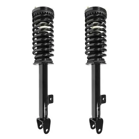 Two silver front strut assemblies with coil springs and top mounts, new condition