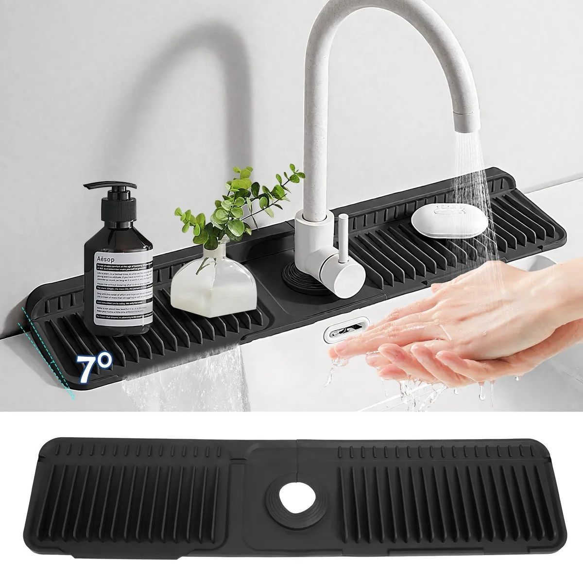 Black silicone faucet mat, 24 by 5.5 inches, 7° slope with snap-lock ends
