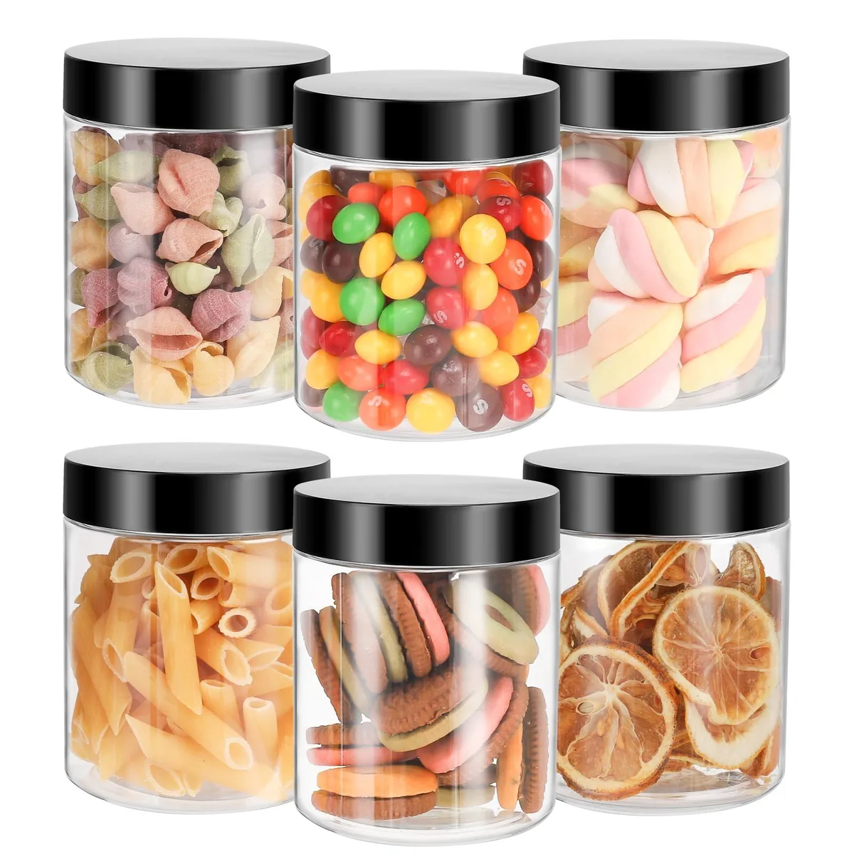 Six clear plastic jars with red lids, cylindrical, 8 oz each