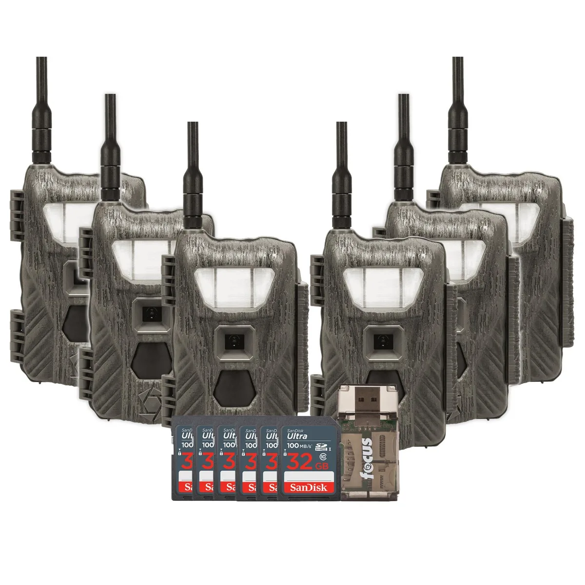 Six white trail cameras, memory cards, and a card reader