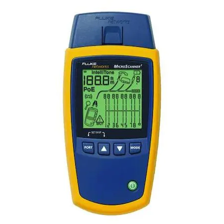 Yellow Fluke Networks cable verifier with LCD screen and RJ-45 port