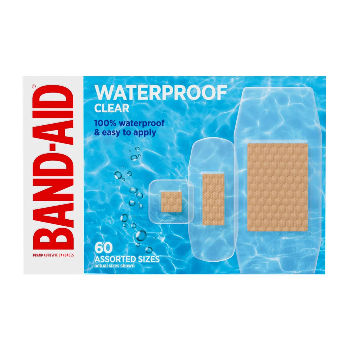 Band-Aid Clear Waterproof Adhesive Bandages Assorted Sizes 60 Count — product photo