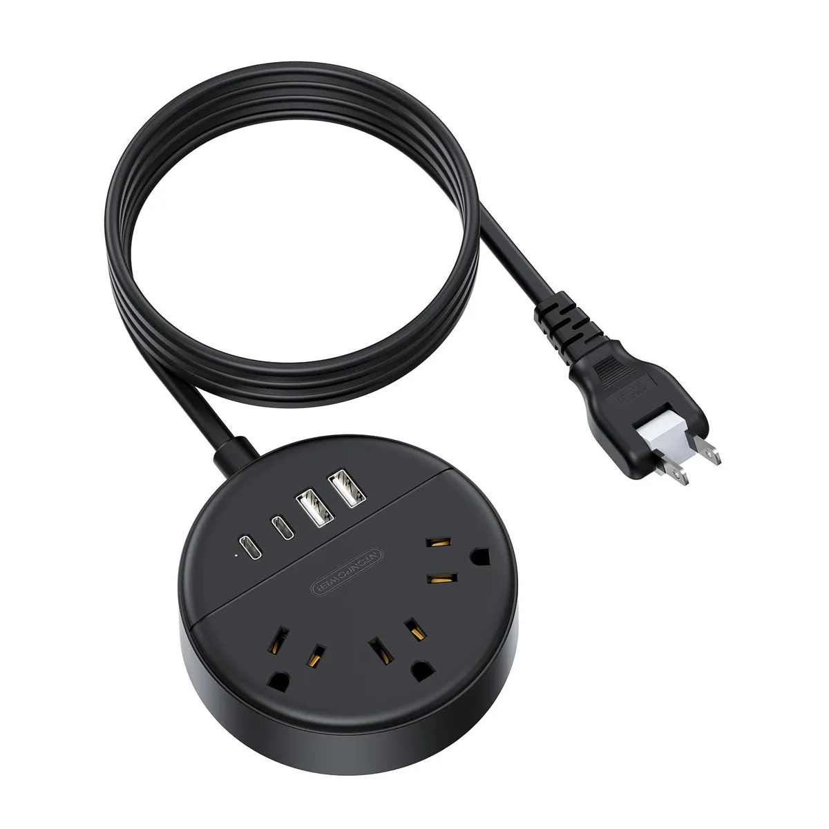 Compact white power strip with rotating two-prong plug, three AC outlets, two USB-A and two USB-C ports, 5-foot cord