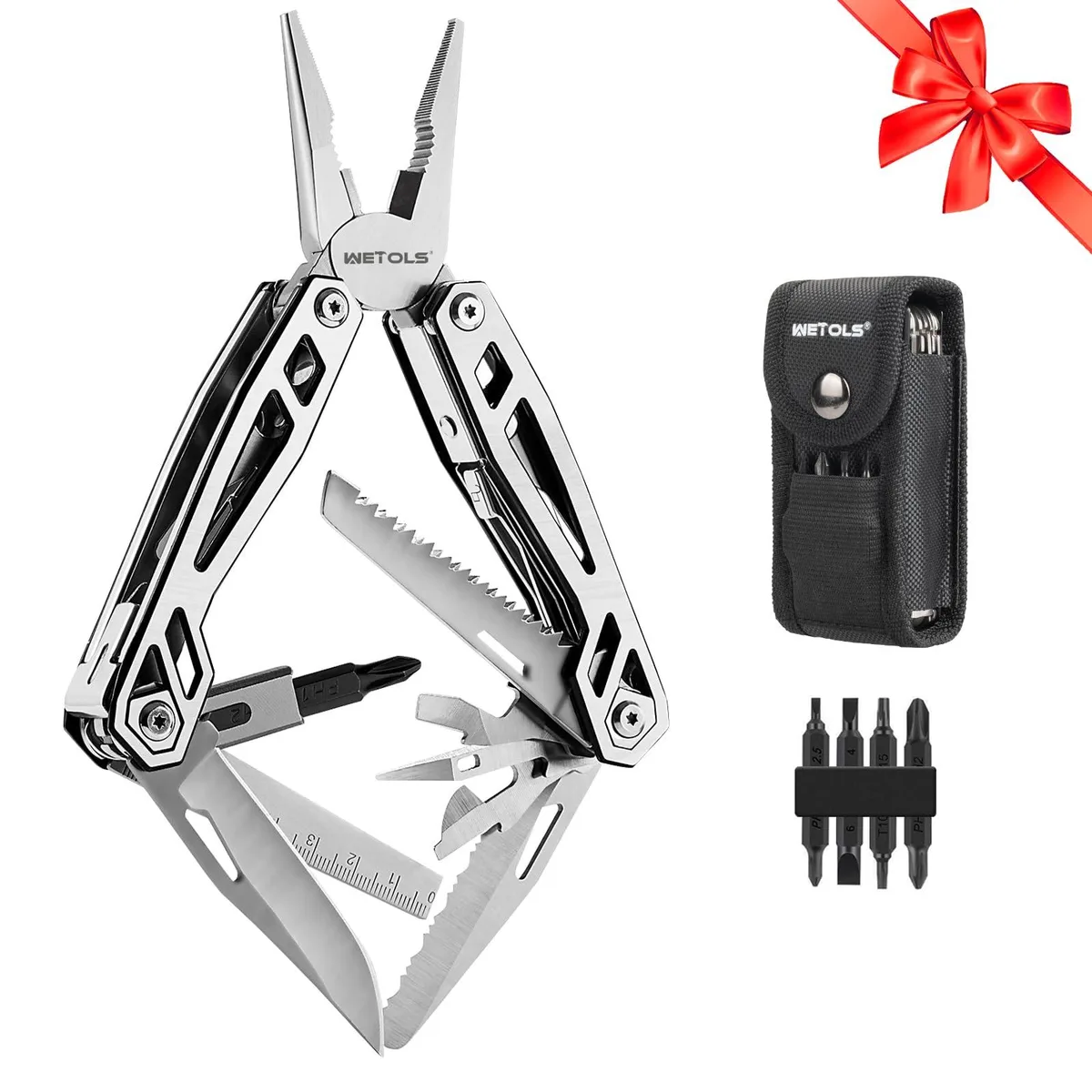 Blue stainless steel multitool pliers with sheath, closed length 4.13 in