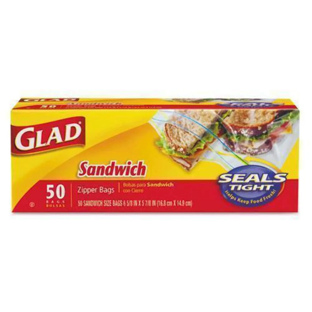 Clear plastic zipper sandwich bags in a 50-count box