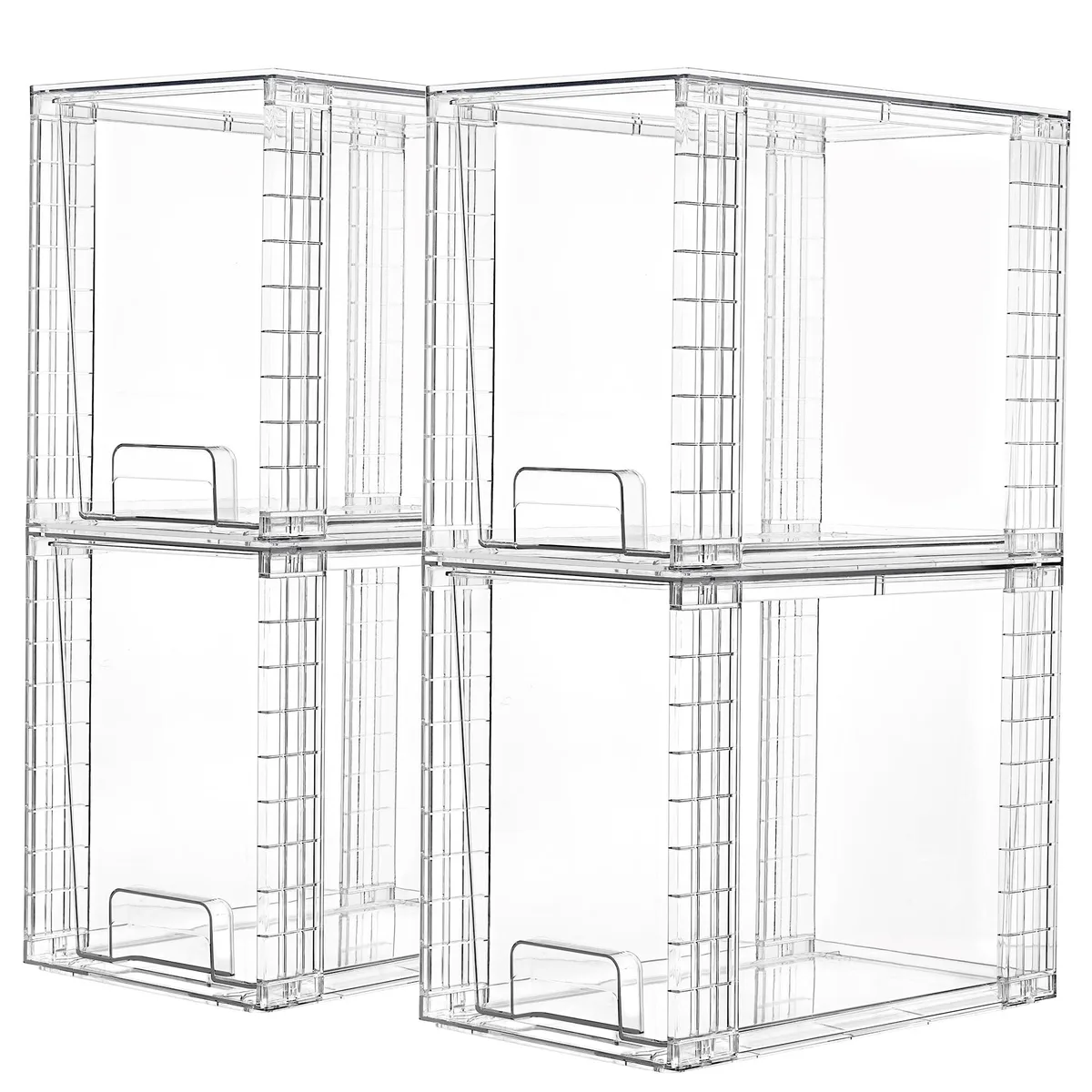 Four clear plastic stackable drawers with built-in handles