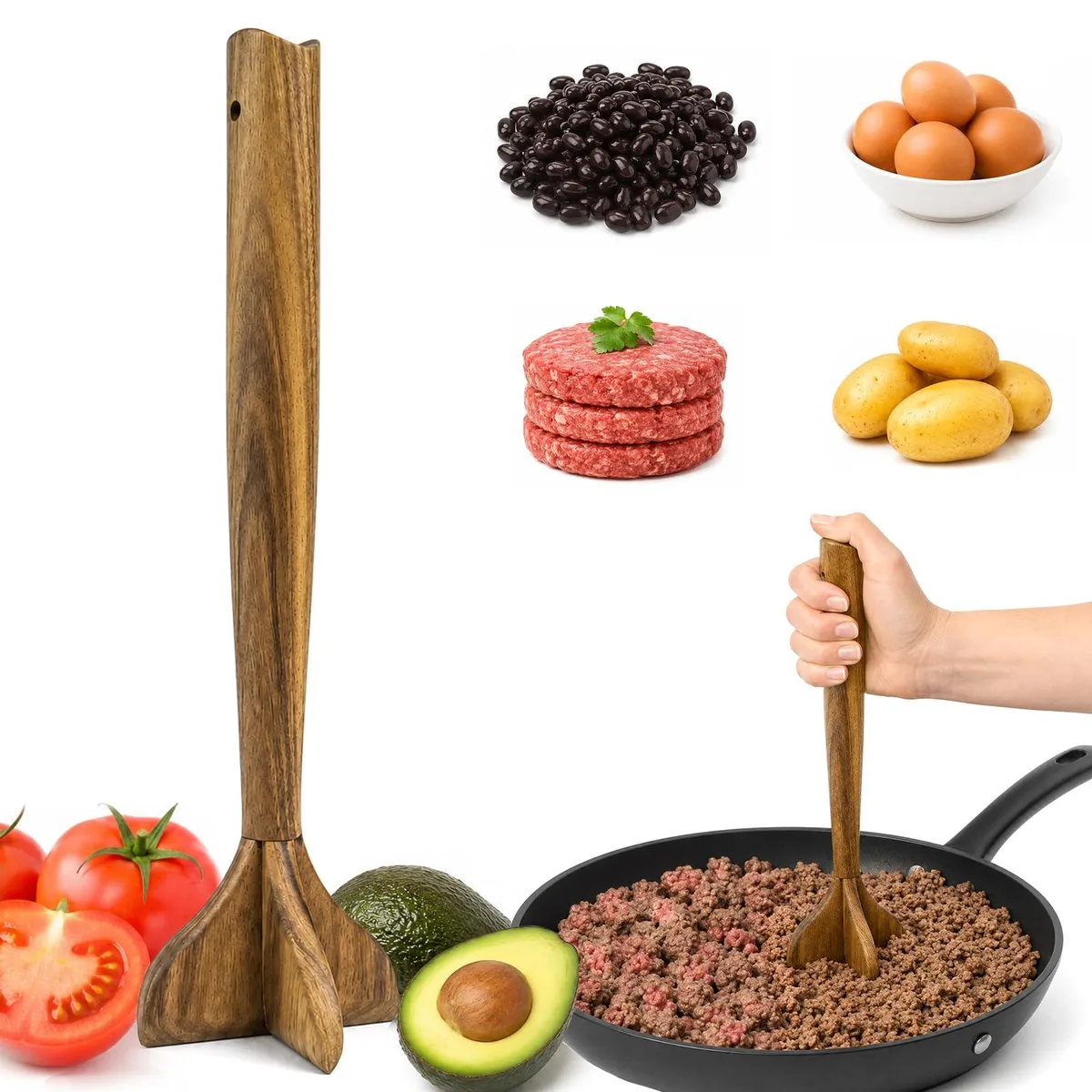 Wooden meat masher, acacia, 11 inch handle