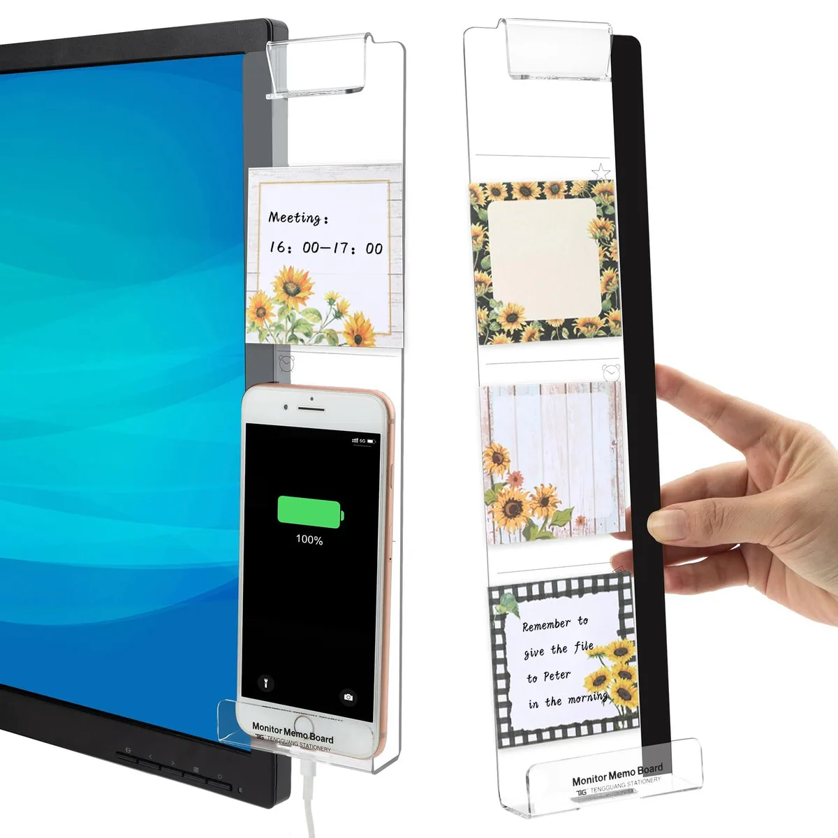 Two clear acrylic memo boards with sunflower sticky note pads and phone holder slot