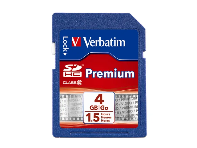 Verbatim 4GB SDHC Class 10 memory card, standard rectangular shape, dark label with brand and model 96171