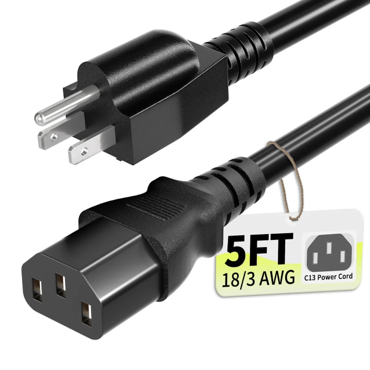 Vockjour 5 ft 1.5 m 3-Prong Power Cord NEMA 5-15P to C13 18AWG 10A 125V ETL Black — product photo