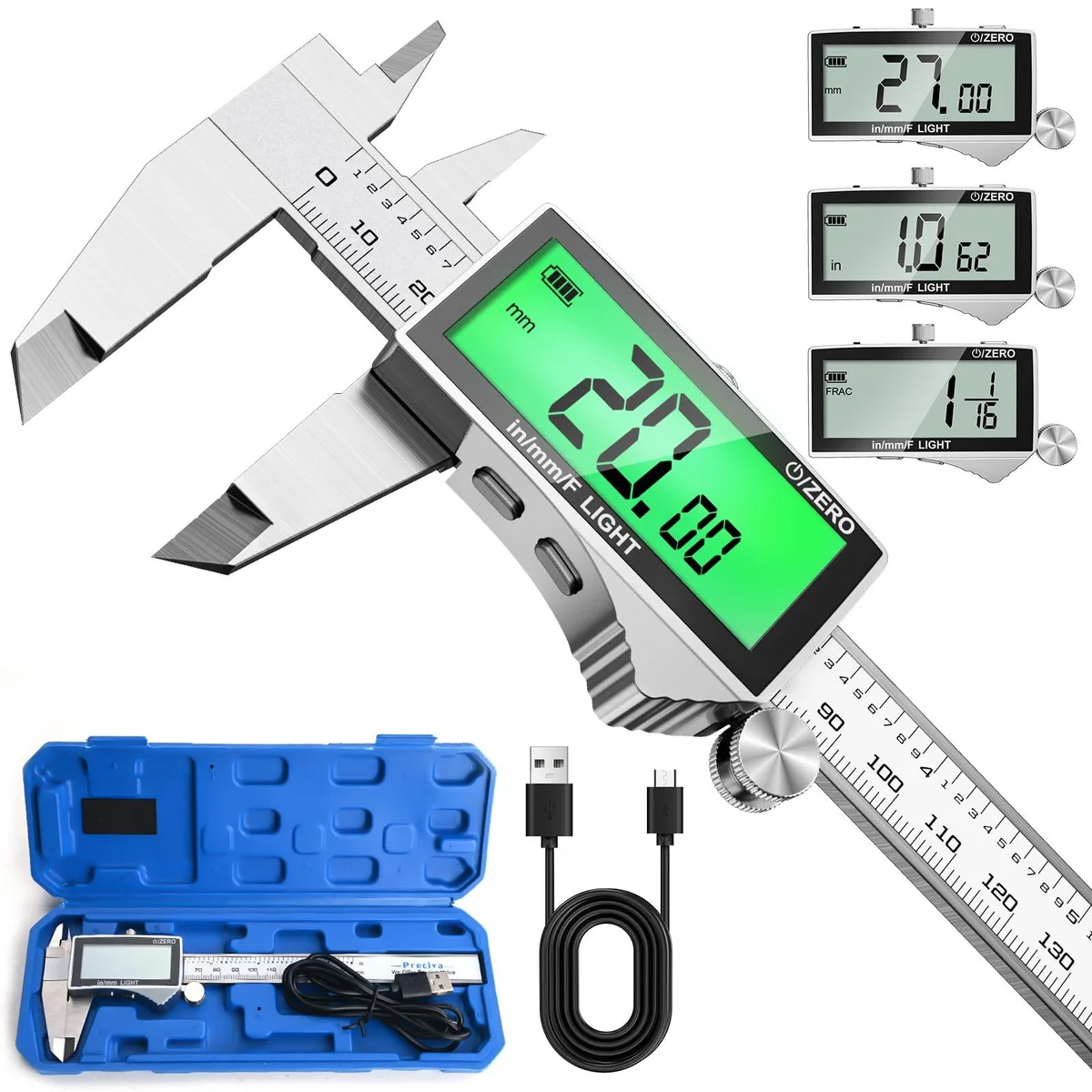 Stainless steel digital caliper with backlit LCD and Type-C port