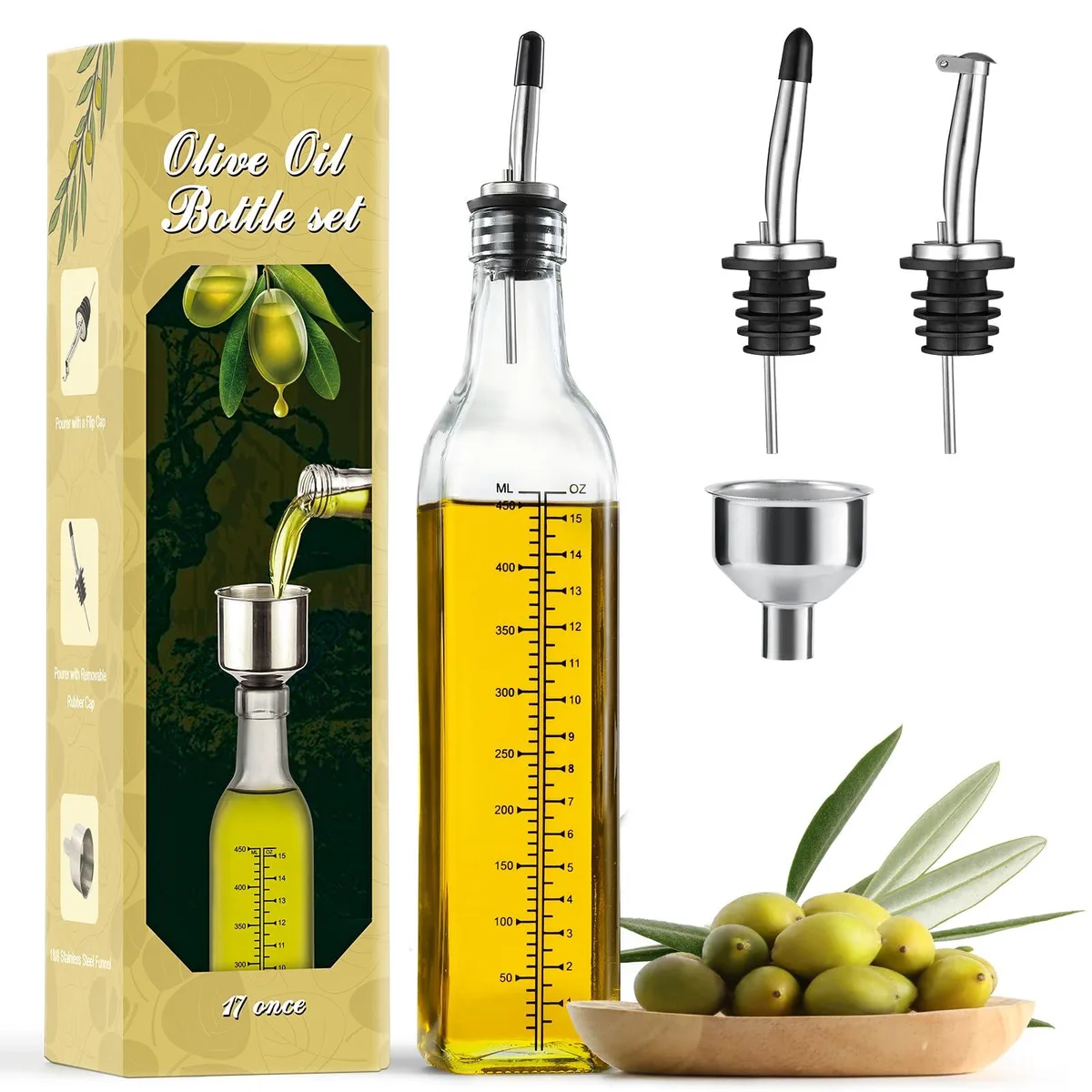  AOZITA 17oz Glass Olive Oil Dispenser Clear 500ml with Pourers Funnel — product photo