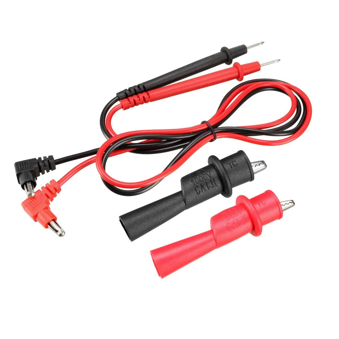 Red and black silicone test leads with probe tips and alligator clips, 79 cm long